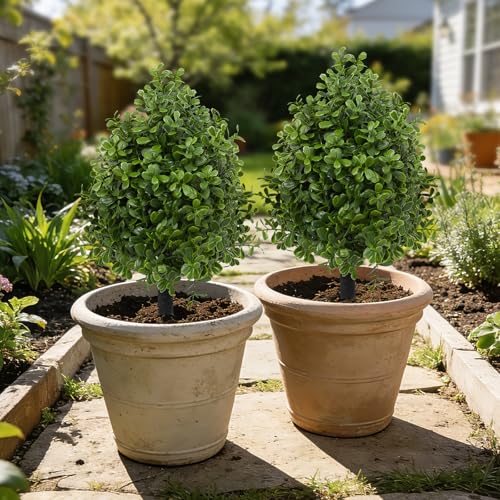 Bdor 22" Artificial Boxwood Topiary Bushes Ball Trees, Outdoor Artificial Plant Set of 2 with Ground Stakes, UV Resistant Simulated Evergreen Fake Boxwood Shrub for Indoor/Outdoor Lawns, Garden Decor - style: Boxwood
