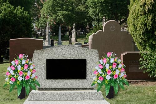 LVXINLI Artificial Cemetery Flowers, Gravesite Decoration Roses, Memorial Bouquets with Cemetery Vase, Vibrant and Long-Lasting Colors (Pink+White, 2 Bundles) - color: Pink+white