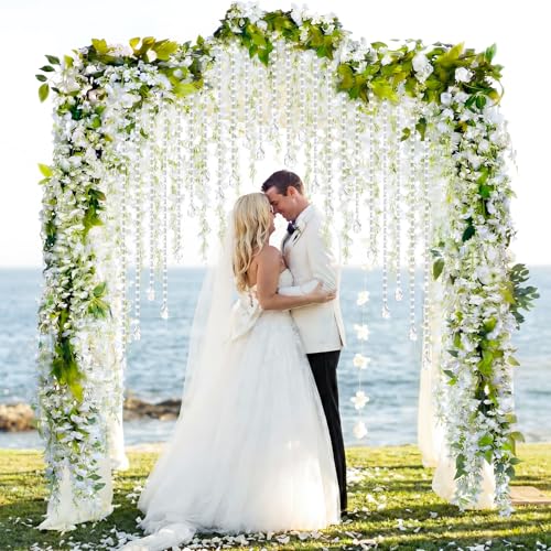 XunYee 16 Pcs Wisteria Artificial Flowers Garland and Crystal Garland Set 4 Pcs Total 72 ft White Silk Wisteria 12 Acrylic Crystal Strands for Wedding Arch Backdrop Home Garden Decor