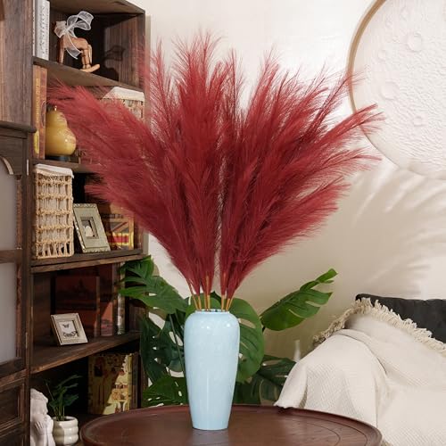 Premium Faux Ruby Red Pampas Grass – 43.3" Tall Fluffy Vibrant Decor, 8pcs 18-Branch One-Piece Stems No Assembly, Luxury Silk-Feel Feather Flowers for Bold Boho Decor, Jewel Tone Red 8 Stems110cm - color: Artificial - Rubber Red, size: 8pcs 43.3"(110cm)