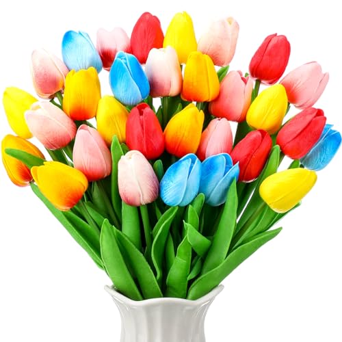 Lyrow 30 Pcs Tulips Artificial Bouquet Flowers Faux Tulips for Home Kitchen Wedding Decorations,Gift Idea for Easter Decor Mother's Day Birthdays (Classic Color) - color: Classic Color