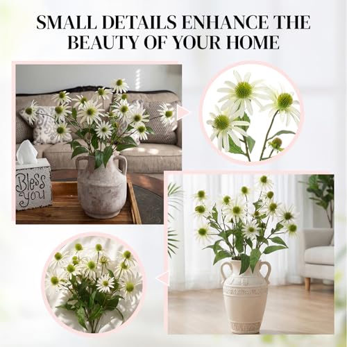 Knitgrip White 4 Pcs Artificial Coneflowers Stems 29 Inch Faux Echinacea Flowers Branch Realistic Farmhouse Fake Sunflower Floral Bouquet for Home Centerpiece Arrangement Indoor Outdoor Decor - color: White