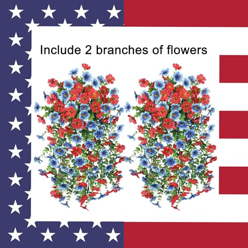 HyeFlora Faux Flowers for Outdoors Decoration, 2Pcs Artificial Fake Hanging Spring Summer Decor, Red and Blue Realistic Plants, UV & Fading Resistant Silk Flower for Porch Patio Balcony Planter Yard - color: Blue+red