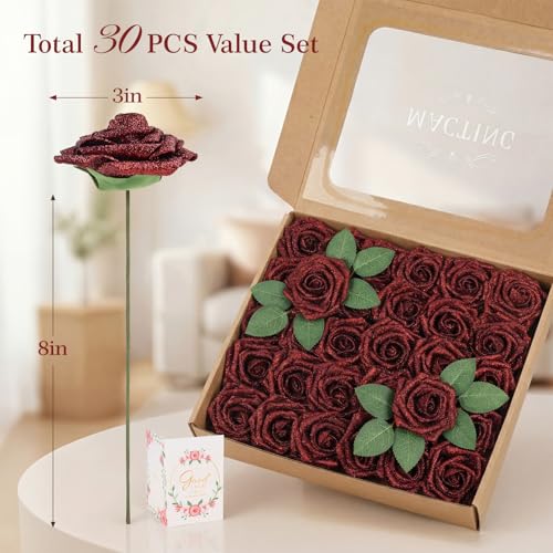 MACTING Mothers Day Flowers 30PCS Artificial Glitter Roses Real Touch Red Flowers with Stem Foam Roses for Wedding Bouquet Table Centerpieces Party Wreath Home Spring Graduation Decorations - color: Glitter Dark Red, size: 30PCS