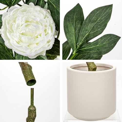 Hollyone White Fake Peonies Tree 4FT Peonies Artificial Flowers Tree in Pot Faux Peony Plants & Flowers in Planter Greenery Potted Plant Indoor Outdoor Front Door Porch Home Decor - color: 4ft - White