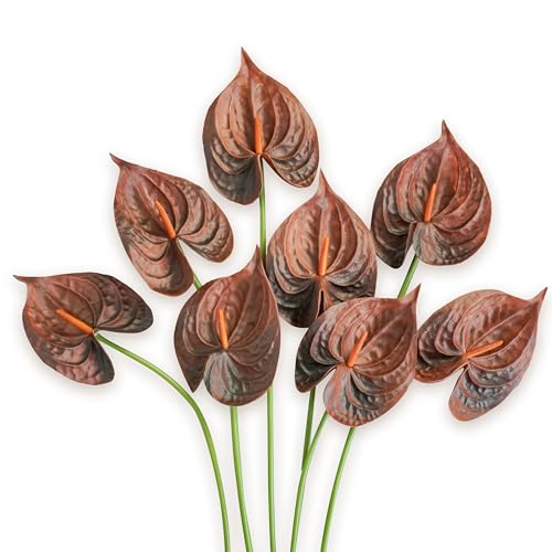 Real Touch Anthurium Artificial Flowers, 8pcs Brown Faux Tropical Flowers with Stems for Boho Wedding Bouquets, Rust Fall Centerpieces & Jungle Party Decoration - color: Brown