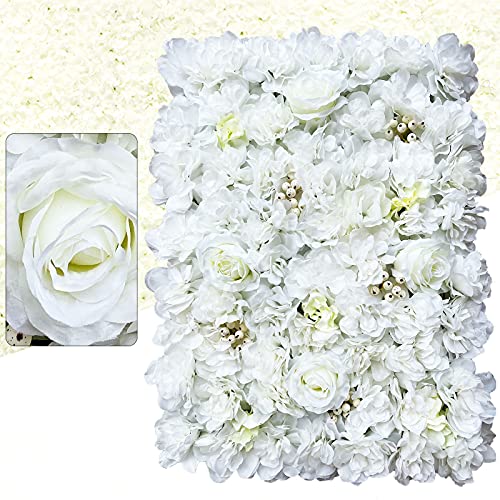 Blooms Decor Flower Panels,White Background Decoration Panel,Artificial Silk Flower Wall Panel Backdrop,Weddings,Event Decor,Bridal & Baby Shower and Photography Décor 15.75x23.62x0.79in 12Pcs (White) - color: White