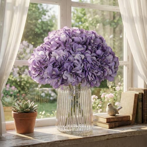 2Bouquets Artificial Fake Flowers Silk Hydrangea Arrangements Wedding Bouquets Decorations Plastic Floral Home Kitchen Garden Party Festival Bar DIY (Purple) - color: Purple, 5 Flower Heads