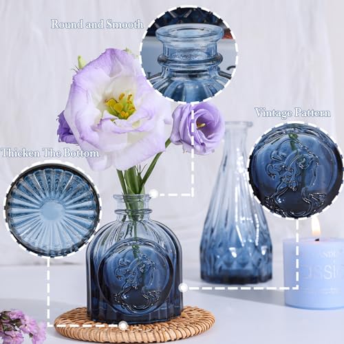 UPBUD Navy Blue Glass Bud Vases Set of 5, Mini Flower Vase for Centerpieces, Small Clear Vases in Bulk for Wedding Decorations, Vintage Vase for Table, Graduation, Home Décor - color: Standard-blue, size: 5pcs