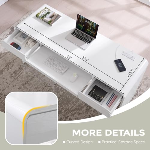 63" Modern Computer Desk with 2 Drawers, Wood Curved Executive Desk with Keyboard Tray & Power Outlet, Writing Desks with Storage for Home Office, Study Room, Living Room (White) - color: White