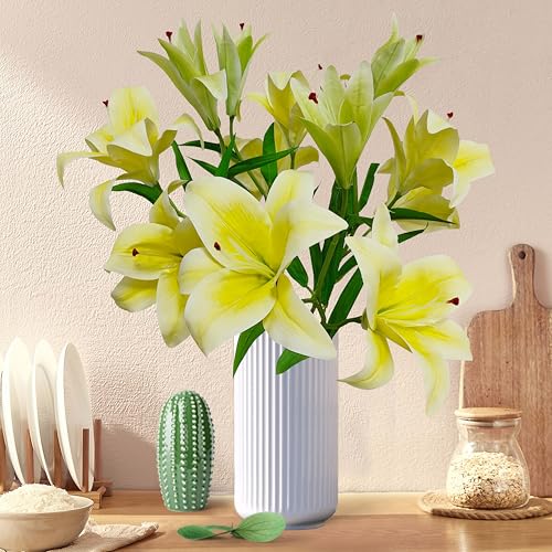 Artificial Lily Flowers,4 Pcs Faux Lily Flowers,32.5 Inch Long Stem Tiger Lily Branch with 2 Full Blooms and 1 Bud, Latex Real Touch Lilium Flower for Wedding Bouquet (4, Yellow) - color: Yellow