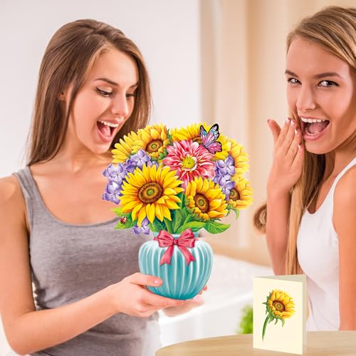Airpark Pop Up Flower Bouquet Card for Women, 3D Floral Greeting Card with Envelope and Note, Birthday Thank You Thinking of You Get Well Gift for Mom Friend Wife Teacher, Sunflower - style: Sunflowers