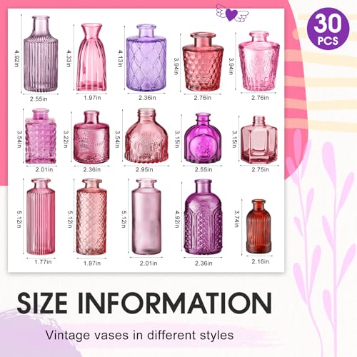 Yaomiao 30 Pcs Vases Bulk Colored Flower Glass Vases Bud Vintage Colored Glass Bottles Colorful Rustic Embossed for Home Wedding Table Decorations Gifts (Pink Purple Red Series) - color: Pink Purple Red Series