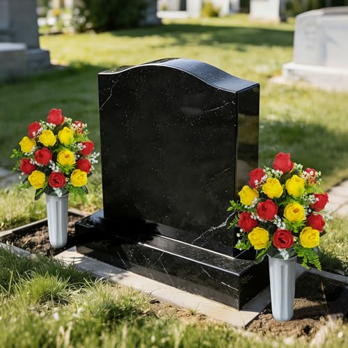XONOR Artificial Cemetery Flowers for Grave Decorations, Artificial Memorial Roses Flowers Bouquet with Vase for Cemetery Headstones Decoration, 2 Sets (Red&Yellow) - color: Red&yellow