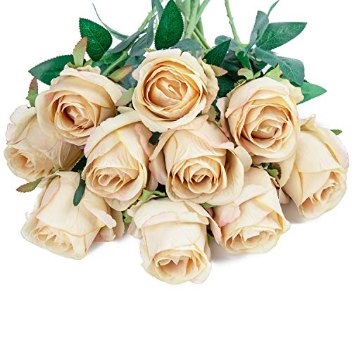10pcs Artificial Rose Flowers Long Stem Fake Silk Roses for DIY Wedding Bouquet Table Centerpiece Home Decor,Champagne - color: Champagne