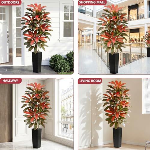 Artificial Red Dracaena Tree - 7FT Tall Fake Plants with Black Square Planter - Artificial Plants Indoor Floor Plant in Pot - Large Tropical Fake Yucca Potted Tree for Home Office Living Room Decor - color: Black-red Leaf, size: 7 FT