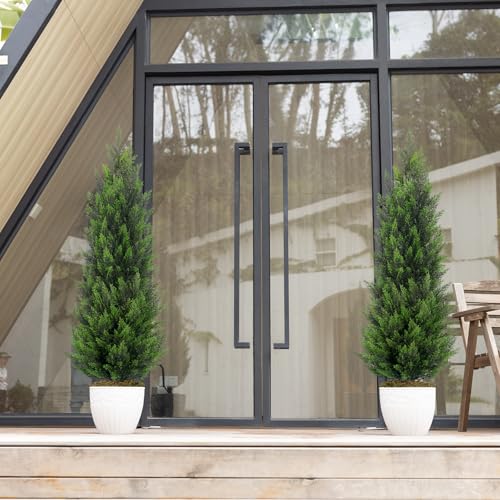 Vitalismo Artificial Topiary Cedar Trees 4FT Tall 2 Set, Outdoor Indoor Faux Pine Shrubs Plants, Realistic Fake Plants Front Porch Decor, Artificial Bushes Cypress for Home Front Door Offices - color: Cedar, size: 4ft