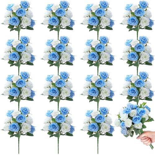Zeyune 16 Bunches 12 Inch Artificial Mini Rose Bouquet 160 Heads Bridal Flower Bouquets Fake Silk Rose Bulk for Valentine's Day Wedding Bridal Shower Home Office Garden(White and Blue) - color: White and Blue