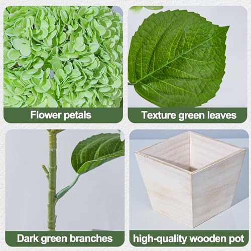 Artificial Hydrangea Flowers Arrangement in Wood Planter, 4PCS Fake Green Flowers in Wooden Vase Potted Floral Centerpieces for Tables Living Room Home Office Room Shelf Kitchen Decor - color: Light Green Hydrangea
