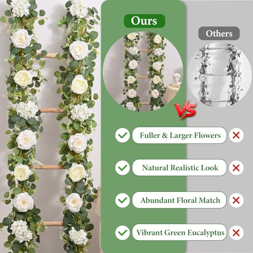 Livole 2Pcs 6 FT Artificial Flower Garland Fake White Rose Peony Floral Garland with Eucalyptus Flower Hanging Vine for Wedding Arch Table Centerpieces Backdrop Party Home Decorations - color: White, size: 2 Pcs
