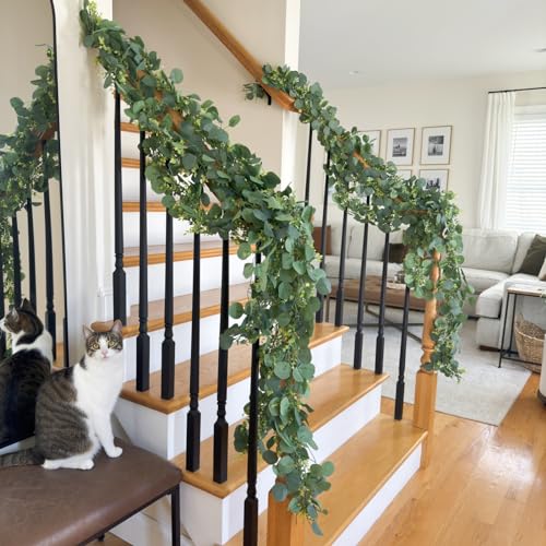 CQURE 3Pcs Eucalyptus Garland,Artificial Eucalyptus Leaves Table Greenery Garland Wreath Vines for Wedding Party Table Fireplace Bedroom Wall Room Decor - size: 17.7 Ft without Flowers