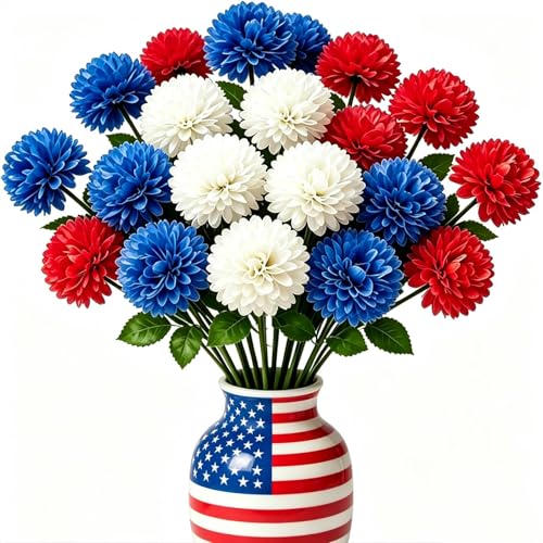 Floweroyal 24pcs 4th of July Flowers Artificial Chrysanthemum Ball Silk Hydrangea Flowers for Independence Day, Memorial Day, Floral Arrangement Decor (Red, Blue, White) - color: Red Blue White-24pcs