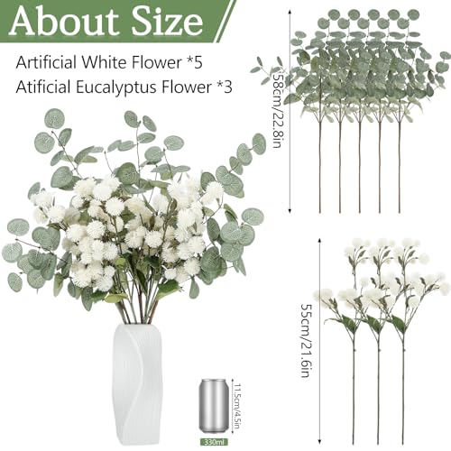 Artificial White Flower Chrysanthemum and Eucalyptus Stems Set,Faux Pom Pom Flowers with Realistic Silk Eucalyptus Leaves Bendable Long Stems for Vase Home Table Centerpiece Decor