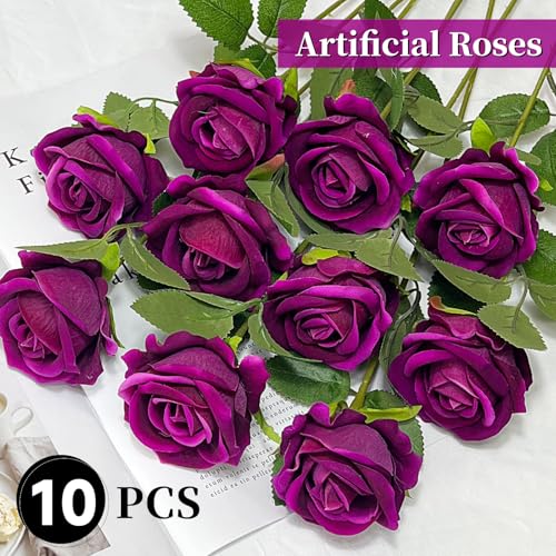 10 PCS Artificial Roses with Long Stems Silk Flowers Realistic Foam Flowers Fake Roses for Valentine's Day Home Wedding Halloween Decor(Rose Purple) - color: Rose Purple