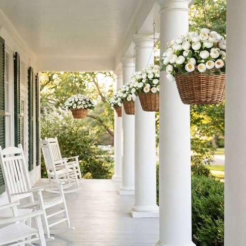 Yunlly 2 Set Artificial Boxwood Topiary Ball Trees with Rose Flowers 19.7'' UV Resistant Faux Greenery Shrubs Bushes with Ground Spike for Wedding Indoor Outdoor Front Porch Decor(White) - color: White