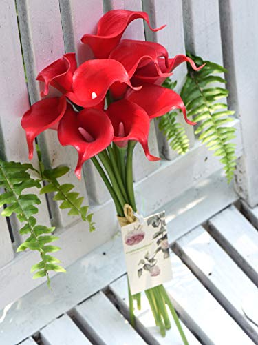 FiveSeasonStuff Real Touch Calla Lily Artificial Flowers Wedding Bridal Bouquet | Floral Arrangements | 15 Calla Lilies (Scarlet Red) - color: Scarlet Red