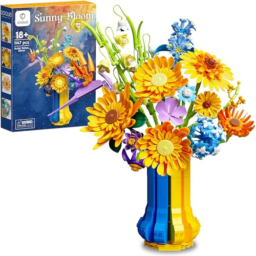 Sunflower Bouquet Building Set with Vase, Gift for Mom Wife Women Girlfriends Adults Couple Teens, Artificial Botanical The Starry Night Flower for Home Office Décor (1147 PCS) - color: Yellow and Blue