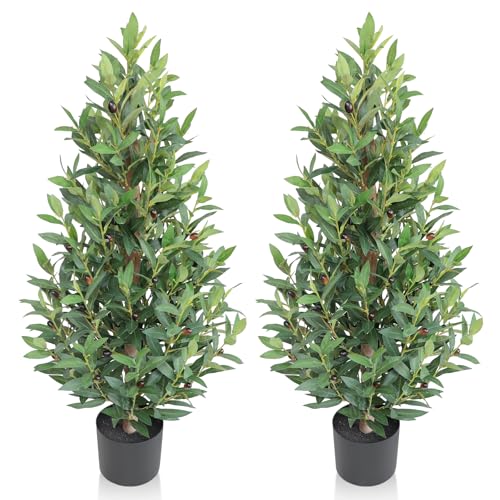 momoplant Artificial Olive Topiary Tree 35Inch Tall Fake Olive Plant Set of 2 Realistic Faux Silk Trees for Decor Indoor Outdoor - size: 35Inch
