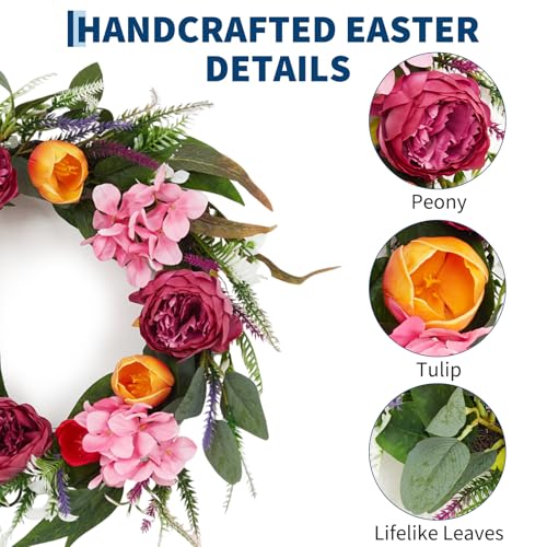 Garvee Spring Wreaths for Front Door Set, 18" Artificial Spring Summer Wreath with 2 Matching Flower Bouquets, Peony Tulip Hydrangea Floral Wreath, Farmhouse Front Door Decor for Indoor Outdoor