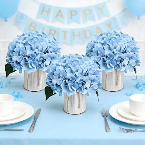 Flower Table Centerpieces - Set of 6 Floral Arrangement Artificial Wedding Hydrangeas Floral Arrangement with Rustic Metal Vase for Bridal Tea Party Event Decorations - Pastel Blue - color: Pastel Blue