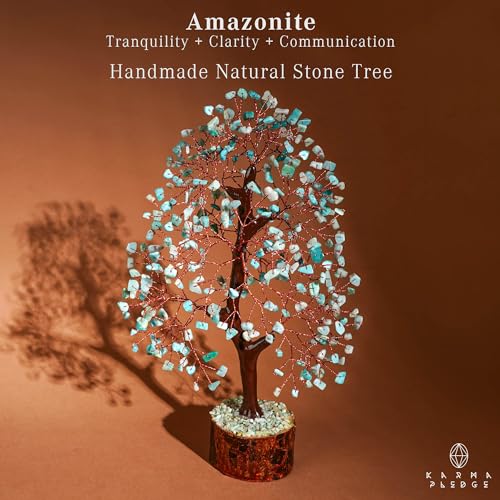 Crystal Tree of Life Birthday Gifts for Women, Men, Handmade Home Decor, Office, Room Decoration, Amazonite Reiki Healing Crystal Chakra Tree for Money, Good Luck Gifts for Her, Mom & Dad - color: Wooden Base Amazonite Crystal Tree