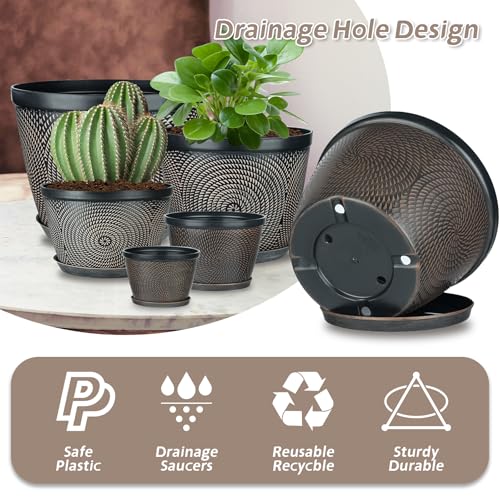 Quarut 12 Inch 4 Pack Large Plant Pots, Plastic Flower Pot for Indoor & Outdoor with Drainage Holes & Saucer, Circle Pattern Planters Garden Pots for Herbs - color: Circular Pattern-brown, size: 12 inch-4 Pack