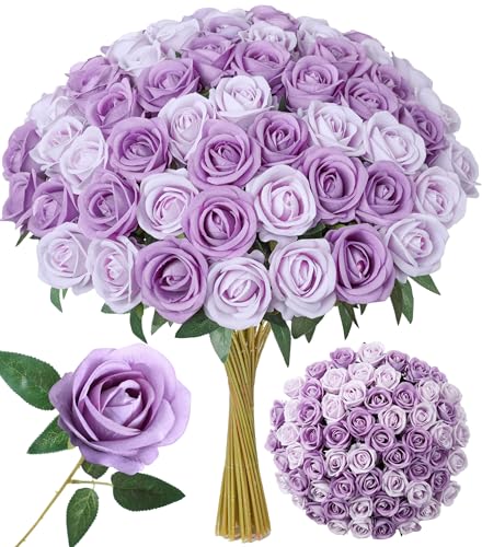 50 PCS Purple Roses Artificial Flowers, Real Looking Fake Roses with Long Stems Silk Flowers for DIY Wedding Bouquet Party Celebration Home Bridal Baby Shower Decoration Birthday Gift for Her Wife - color: Dusty Violet & Pale Lavender