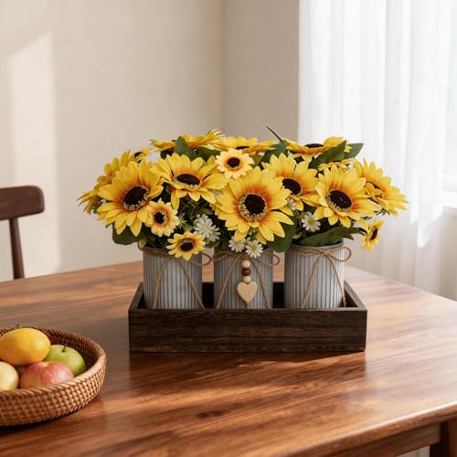 Artificial Sunflower Decorative Centerpiece, Rustic Table Centerpieces Home Decor for Dining Room, Farmhouse Wood Planter Box with 3 Galvanized Metal Pots Decorative - style: Sunflower Plant