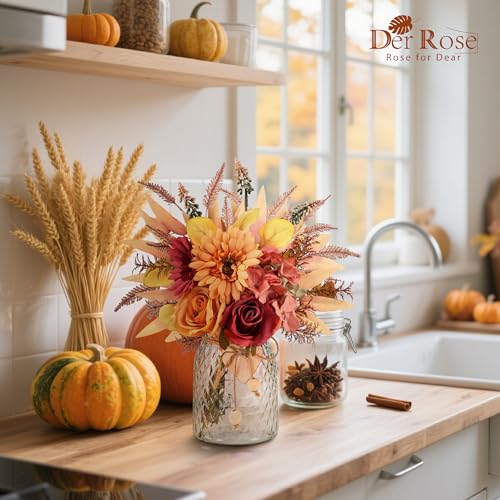 Der Rose Fall Fake Flowers in Vase Silk Artificial Flowers Arrangements with Glass Vase for Dinning Coffee Table Centerpieces Home Kitchen Farmhouse Wedding Decor (Orange) - color: Orange