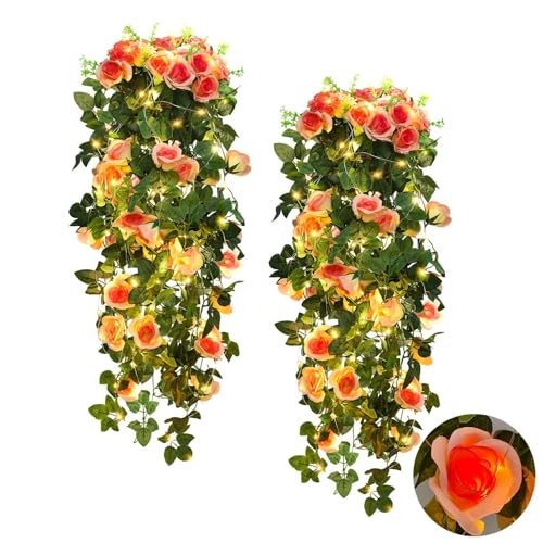 RECUTMS Artificial Hanging Rose Flower Plants, 4 PCS 37 Inches Light Pink Fake Floral Ivy Garland with 30 LED Fairy String Lights for Home Garden Wedding Bridal Shower Derby Party Indoor Outdoor Decor - color: Light Pink, size: 4pcs light