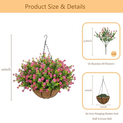 NETAP Artificial Hanging Flowers Basket for Outdoor, 16 Fake Flowers Look Real UV Resistant, Faux Hanging Plants for Porch, Balcony, Patio, Garden, Spring Summer Decor,Pink - color: Pink