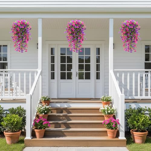 CEWOR 4pcs Artificial Hanging Plants for Outdoor, Fake Flowers Faux Silk Morning Glory with Eucalyptus, UV Resistant Realistic Faux Flower Greenery for Outside Indoor Home Porch Patio Decor, Purple - color: Purple Morning Glory