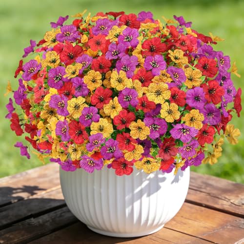 Artificial Flowers Faux Plants for Outdoor, 12 Bundles Realistic Silk Artificial Daisy with Eucalyptus, UV Resistant Fake Flower Plants for Outside Front Porch Garden Patio Decor (Mix-3 Colors) - color: Mix-3 Colors