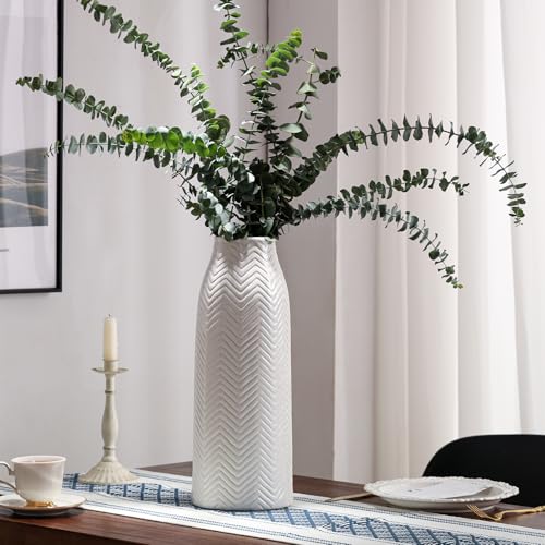 hjn Large White Vase for Flowers Ceramic Vase for Home Decor Tall Vases for Your Floor/Kitchen/Office/Living Room/Table- White Texture(Large) - size: 7D'' x 18"H