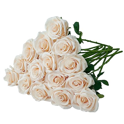 15pcs Champagne Roses Artificial Flowers Silk Fake Flowers Realistic Faux Roses Bouquet Long Stem for Wedding Home Party Birthday Decoration - color: Champagne
