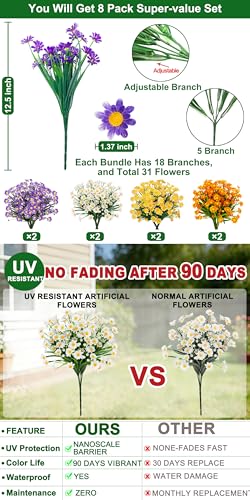 8 Bundles Artificial Daisy Flowers for Outdoors Summer Decor, UV Resistant No Fade Fake Cemetery Flowers Faux Plastic Greenery Plants for Home Garden Patio Porch Outdoor Memorial Day Decor(Colors) - color: Colors, size: 8 Bundles