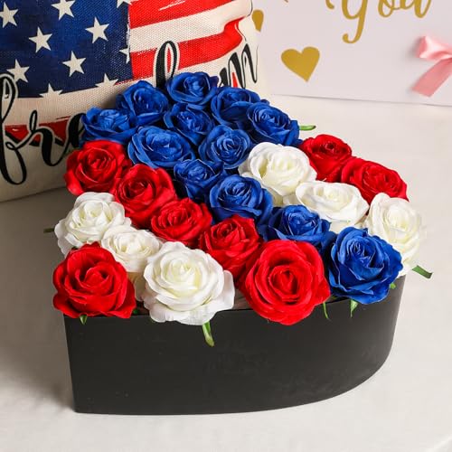 Hawesome 12PCS Artificial Silk Flowers Realistic Roses Bouquet Long Stem for Home Wedding Decoration Party (Red, White, Blue, 12Pcs Flowers) - color: Red, White, Blue, size: 12Pcs Flowers