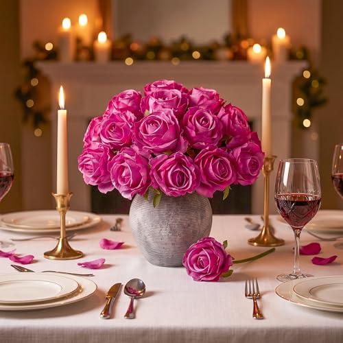 Ivydale 18pcs Hotpink Roses Artificial Flowers, Fake Roses Silk Flowers with Stems Realistic Bouquet for Mother's Day Wedding Party Home Decoration DIY Centerpiece Floral Romantic Gifts - color: Rose-hotpink