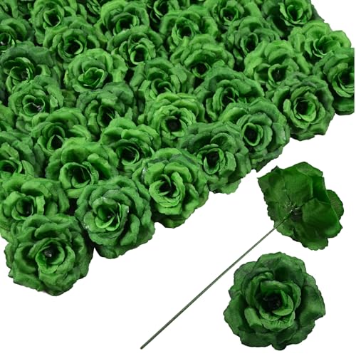 Rose Artificial Flowers, 50Pcs White Roses Head Flowers Bulk with Stem, 3 Inches Silk Rose Fake Flower Head for Wedding Party Home Decor DIY Baby Shower Centerpieces Tables Decoration (Dark Green) - color: Dark Green