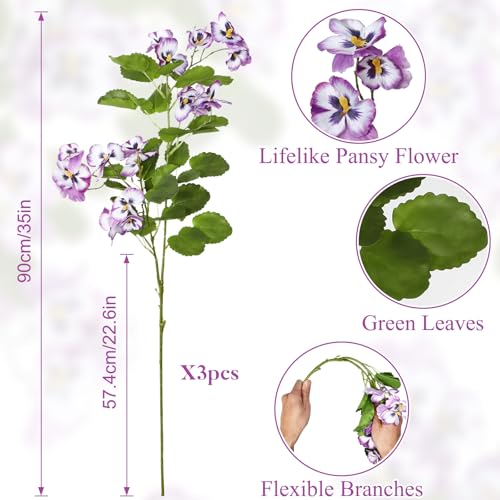 3Pack Artificial Pansy Flowers Silk Flowers Arrangements 35In Artificial Fake Flowers with Long Stems Spring Flower Bouquets for Vase Home Wedding Party Table Centerpiece Decor(Purple) - color: Purple